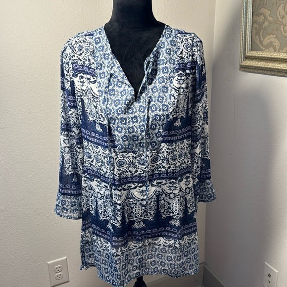 Fig and Flower indigo floral print Boho split collar tunic top blouse Sz S - Picture 1 of 6